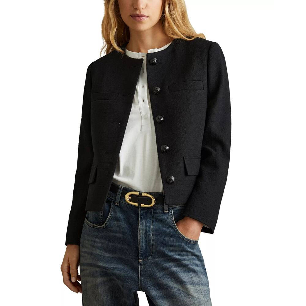 REISS Nola Cropped Wool Jacket - Black - Picture 3 of 10